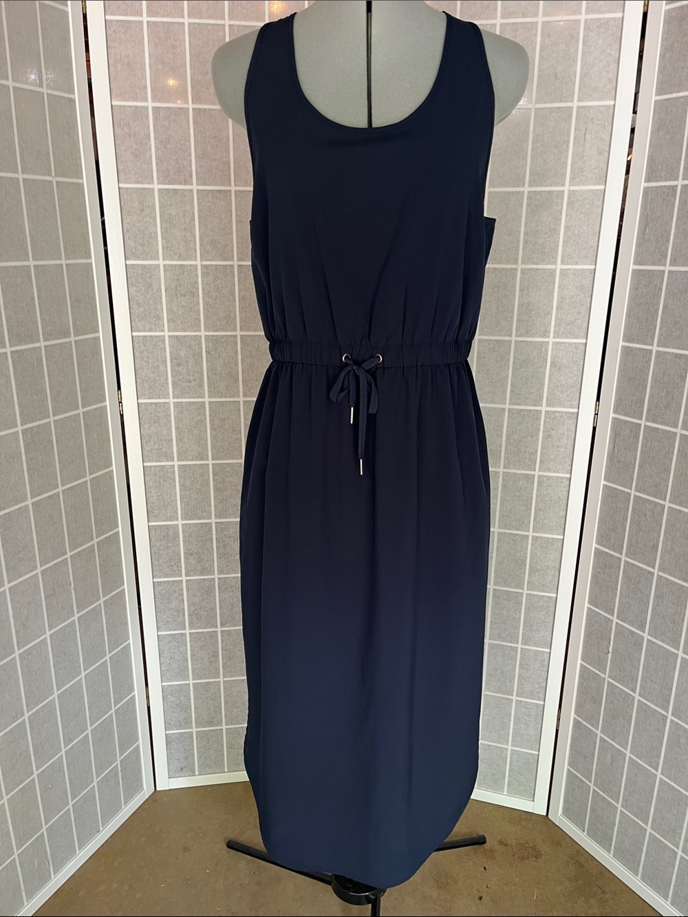 CALIA by Carrie Underwood Navy Sleeveless Drawstring Maxi Dress EUC